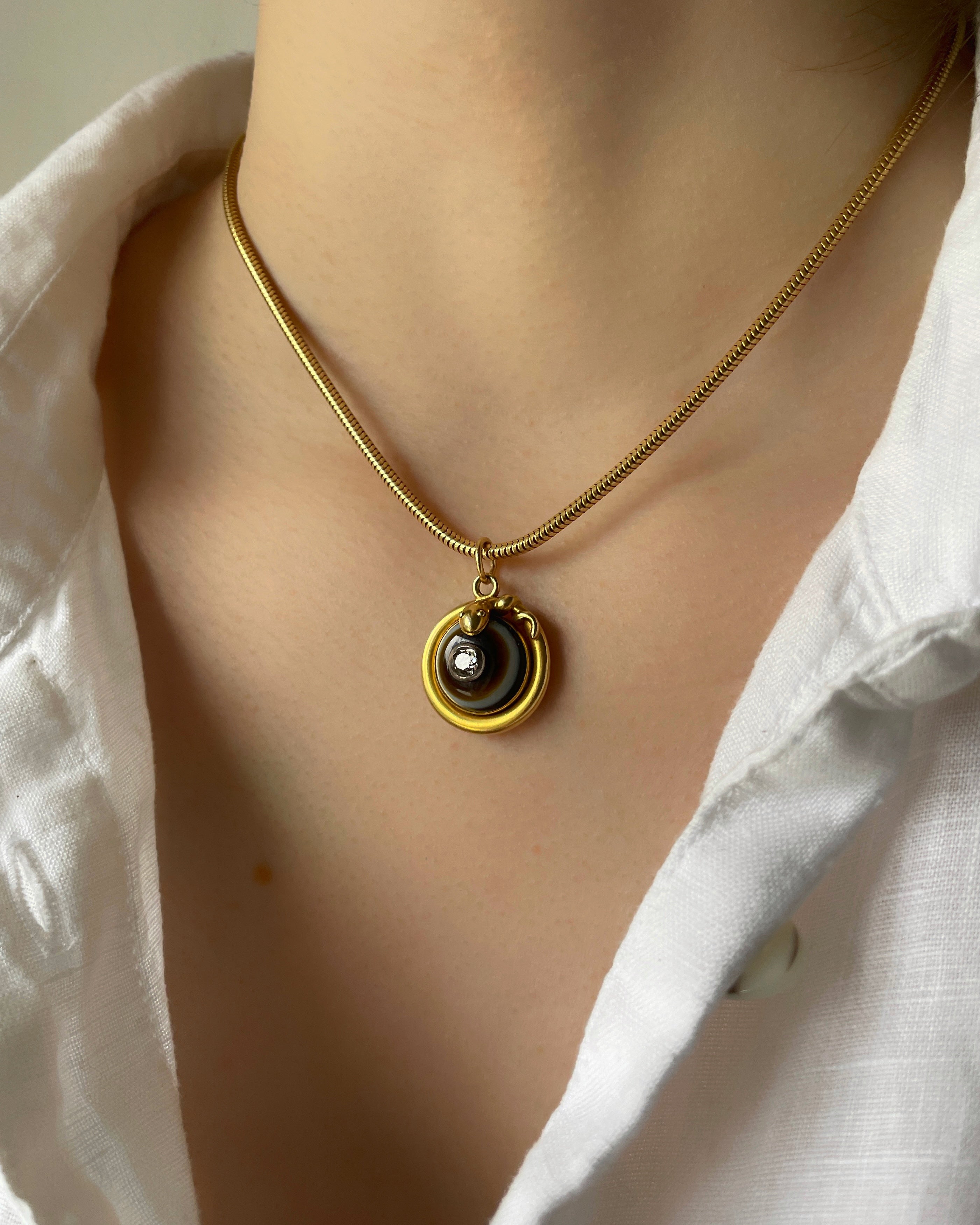 Antique Victorian 15ct Gold Serpent Mourning Pendant with Banded Agate & Diamond