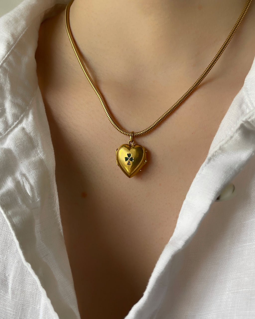 Antique Victorian 22ct Gold Lucky Clover Heart Locket with Emerald and Rose Cut Diamond Detail