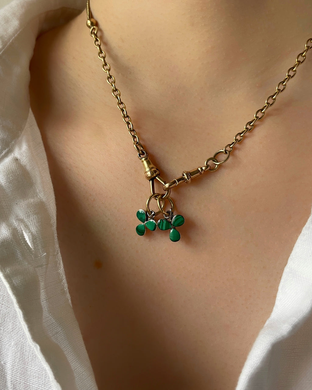 Two Victorian Silver & Malachite Lucky Clover Charms