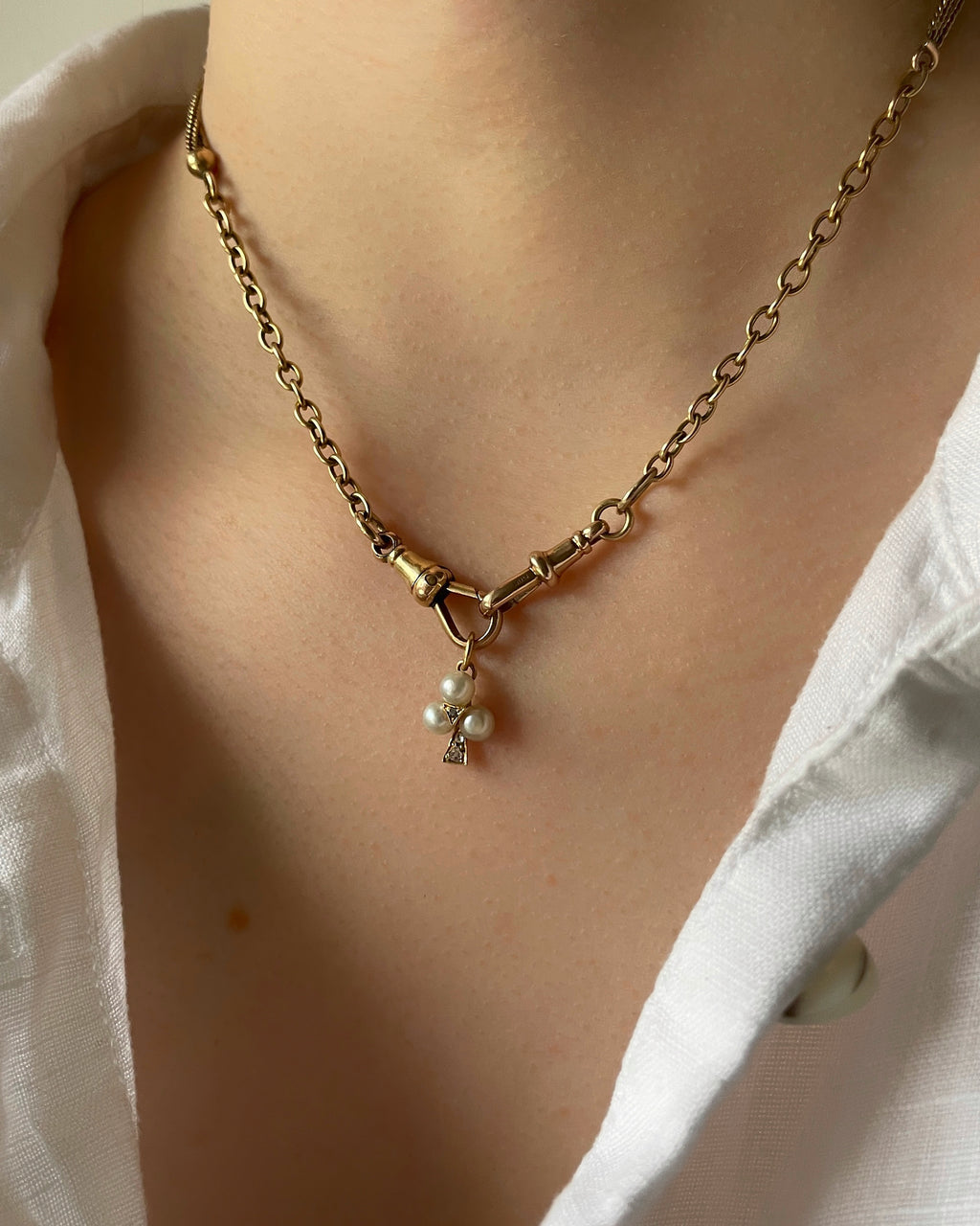 Tiny Clover Charm with Pearls and Rose Cut Diamonds