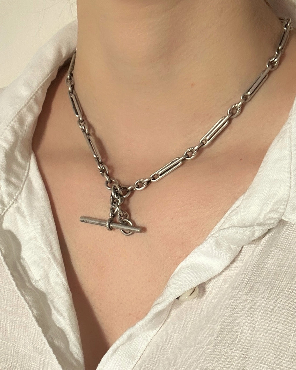 Victorian Sterling Silver Fancy Link Watch Chain with T-Bar