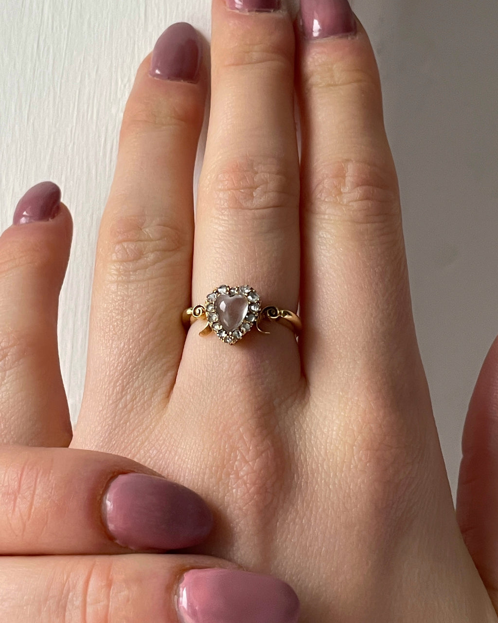 Antique Early Victorian Carved Moonstone & Rose Cut Diamond Heart Ring