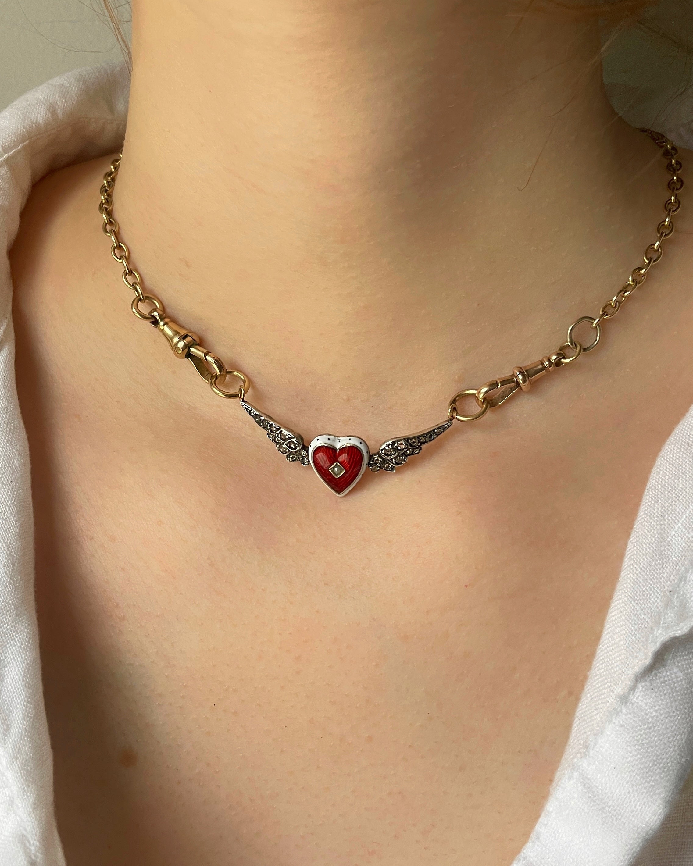 Victorian Winged Silver Heart Pendant with Enamel and Diamonds