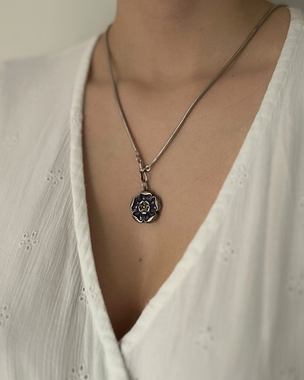 Edwardian Sterling Silver & Purple Enamel Tudor Rose Locket