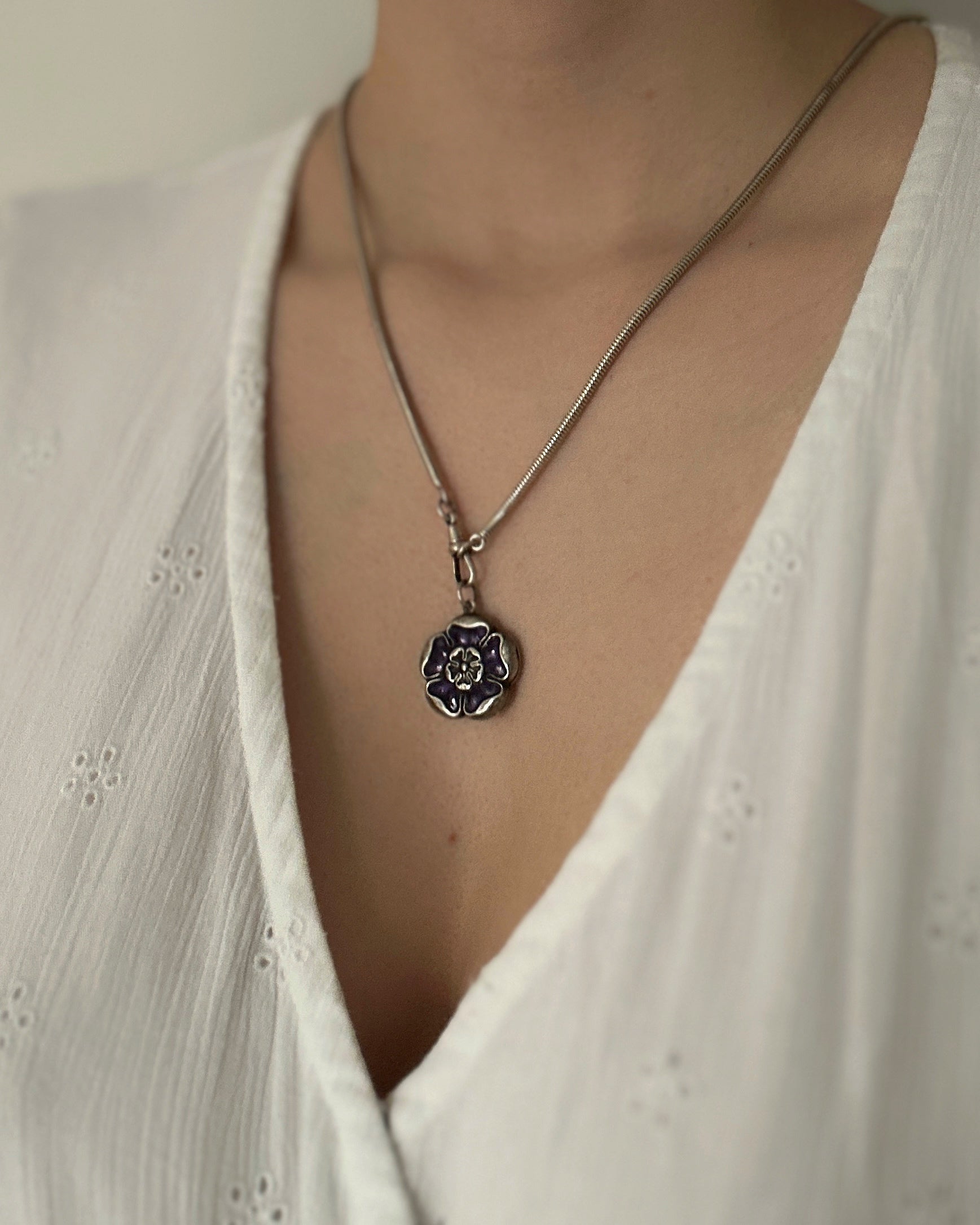 Edwardian Sterling Silver & Purple Enamel Tudor Rose Locket