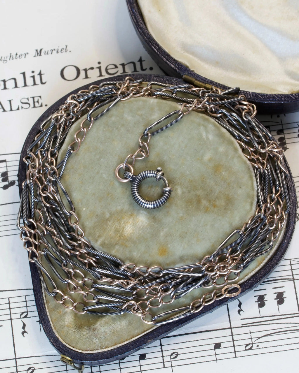 Antique Continental Silver & Niello Longuard Chain with Stripy Bolt Clasp