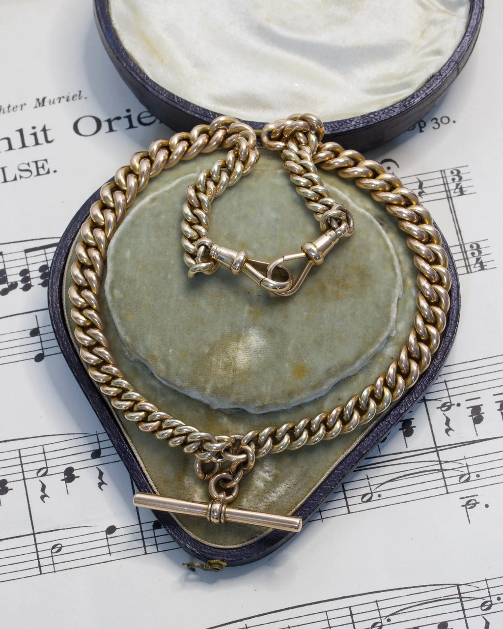 Antique Victorian Curb Link Watch Chain With T-bar And Two Dog Clips