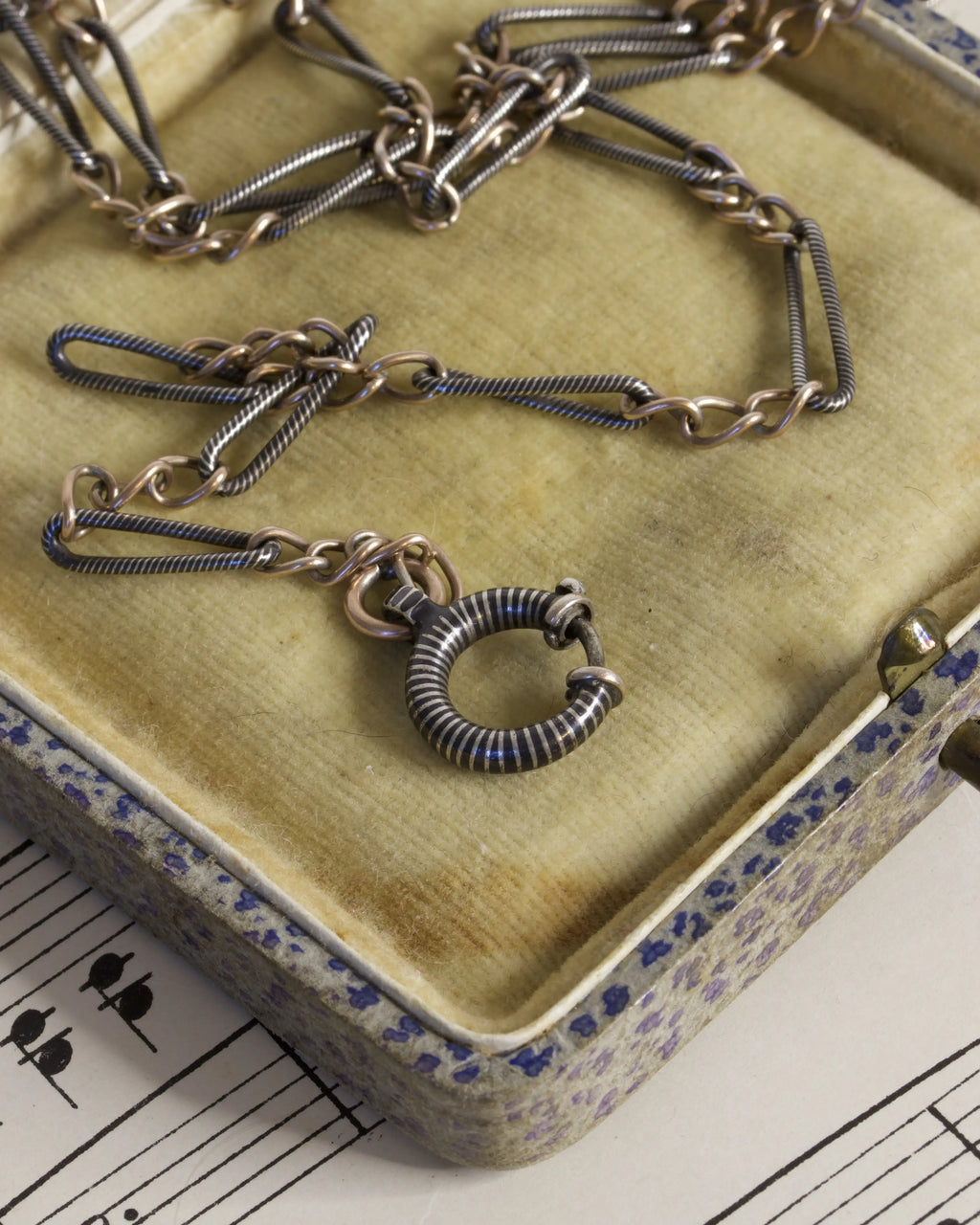 Antique Continental Silver & Niello Longuard Chain with Stripy Bolt Clasp