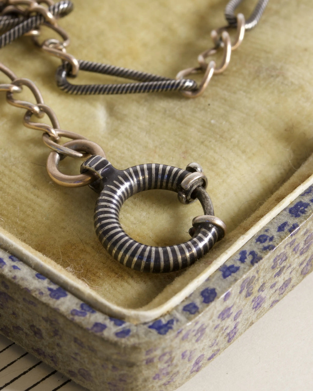 Antique Continental Silver & Niello Longuard Chain with Stripy Bolt Clasp