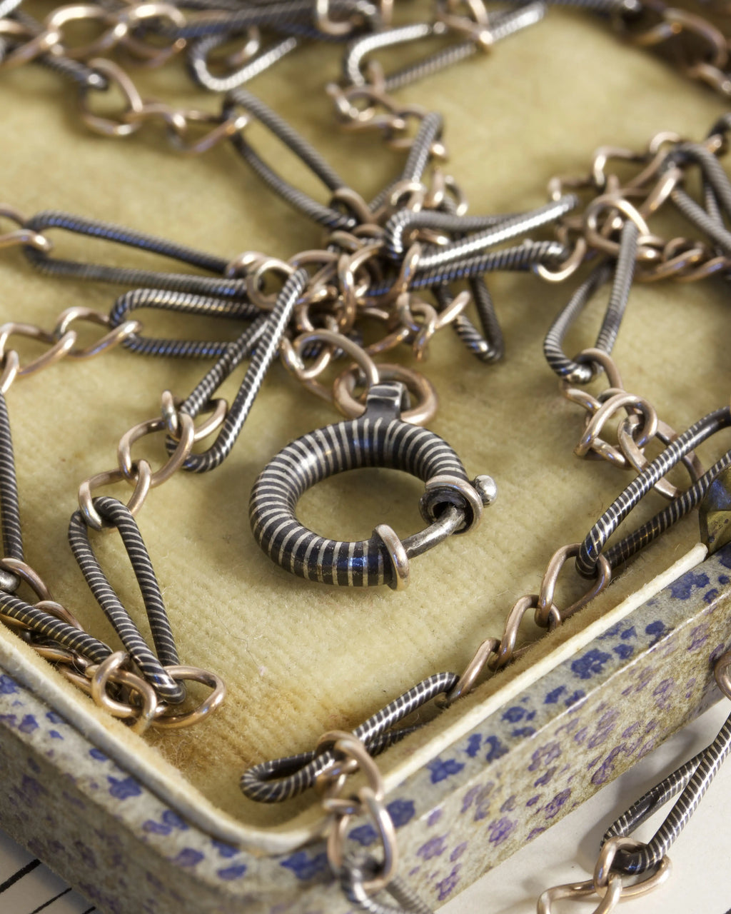 Antique Continental Silver & Niello Longuard Chain with Stripy Bolt Clasp