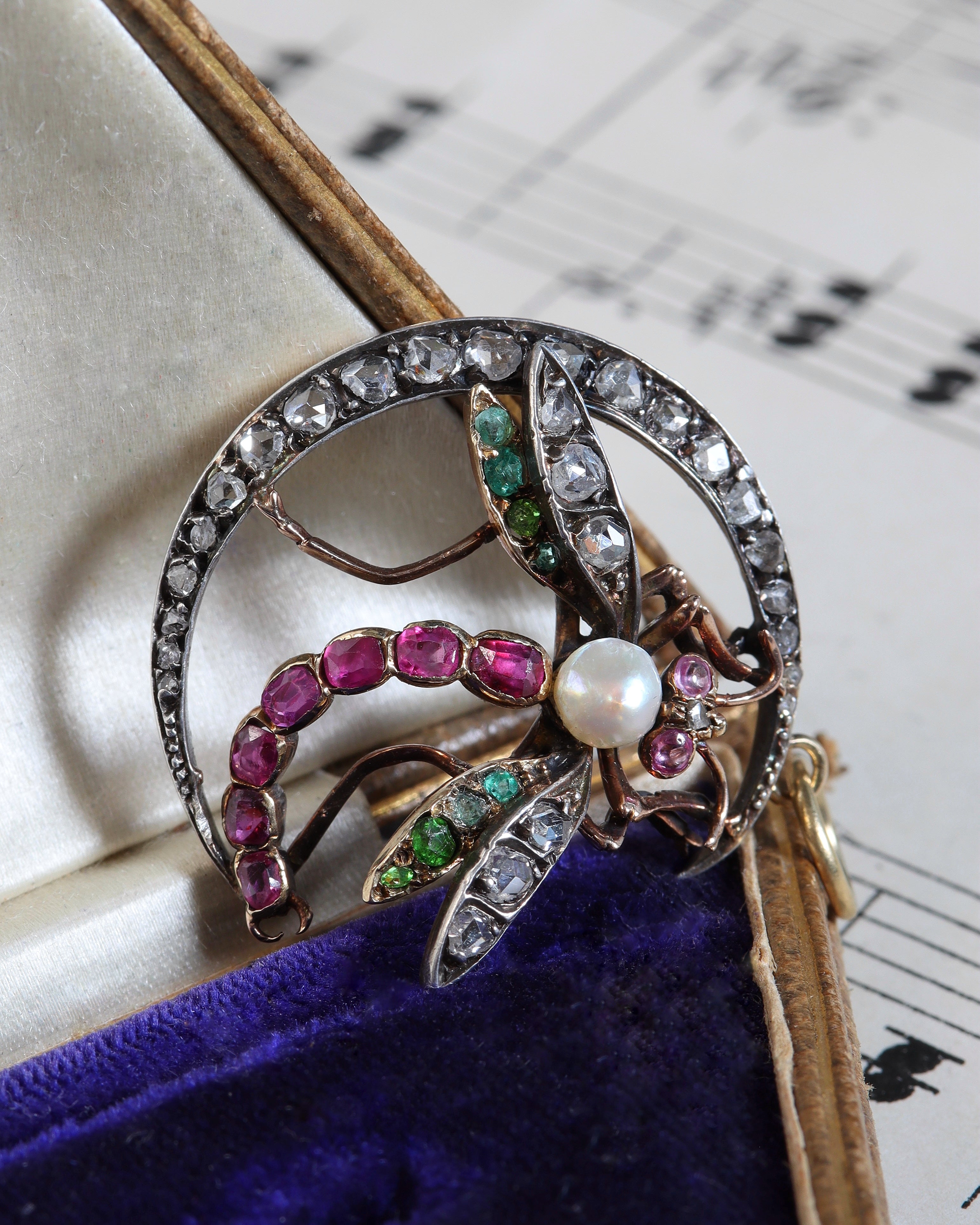 Antique Diamond, Ruby & Emerald Dragonfly Crescent Pendant