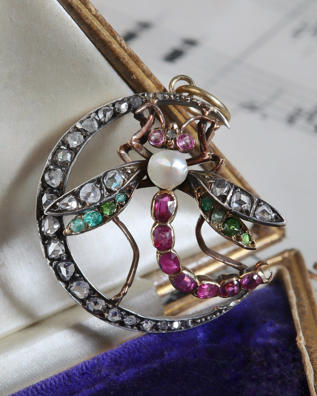 Antique Diamond, Ruby & Emerald Dragonfly Crescent Pendant