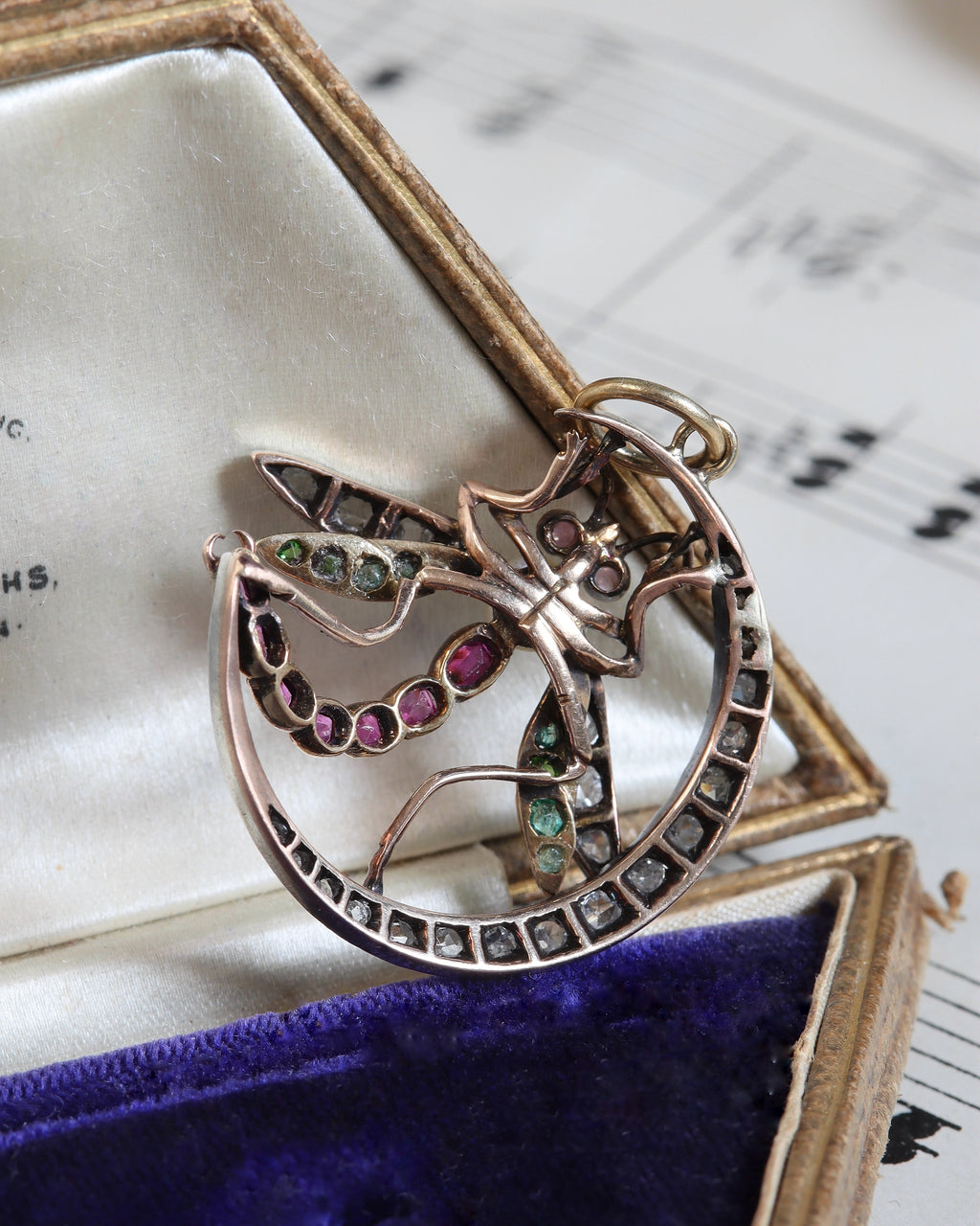 Antique Diamond, Ruby & Emerald Dragonfly Crescent Pendant