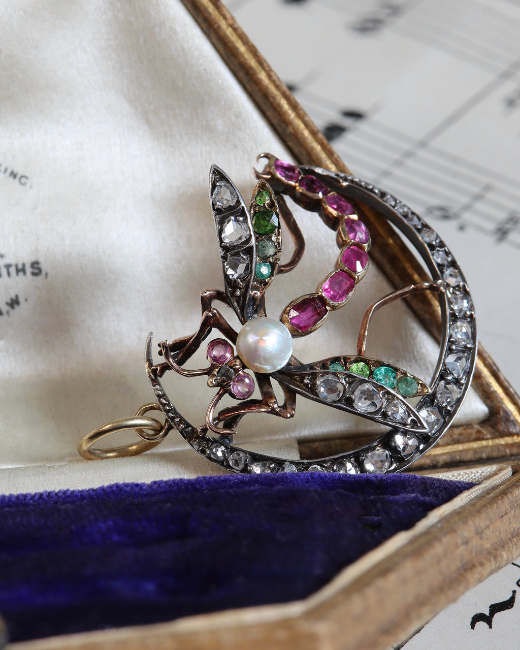 Antique Diamond, Ruby & Emerald Dragonfly Crescent Pendant