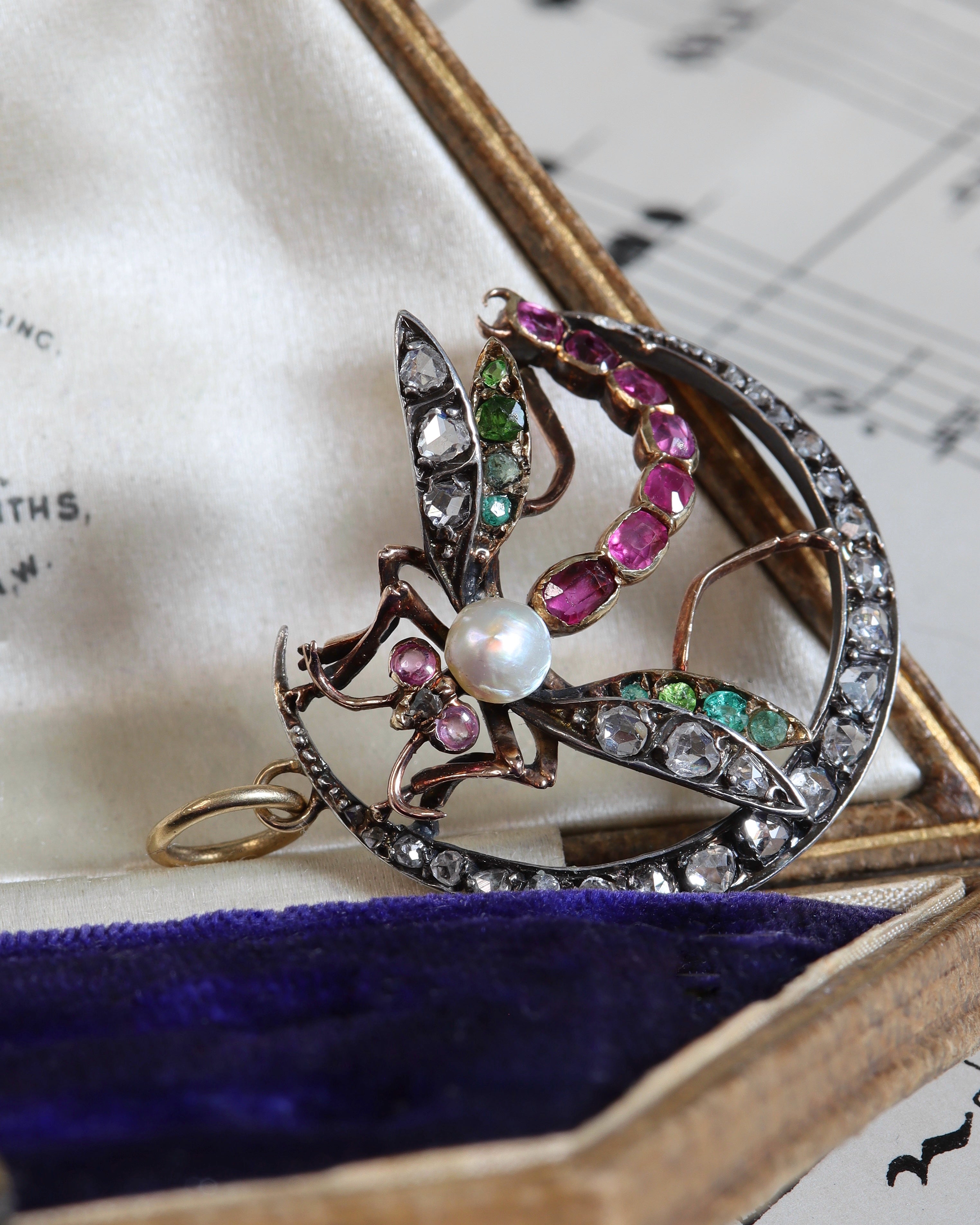Antique Diamond, Ruby & Emerald Dragonfly Crescent Pendant