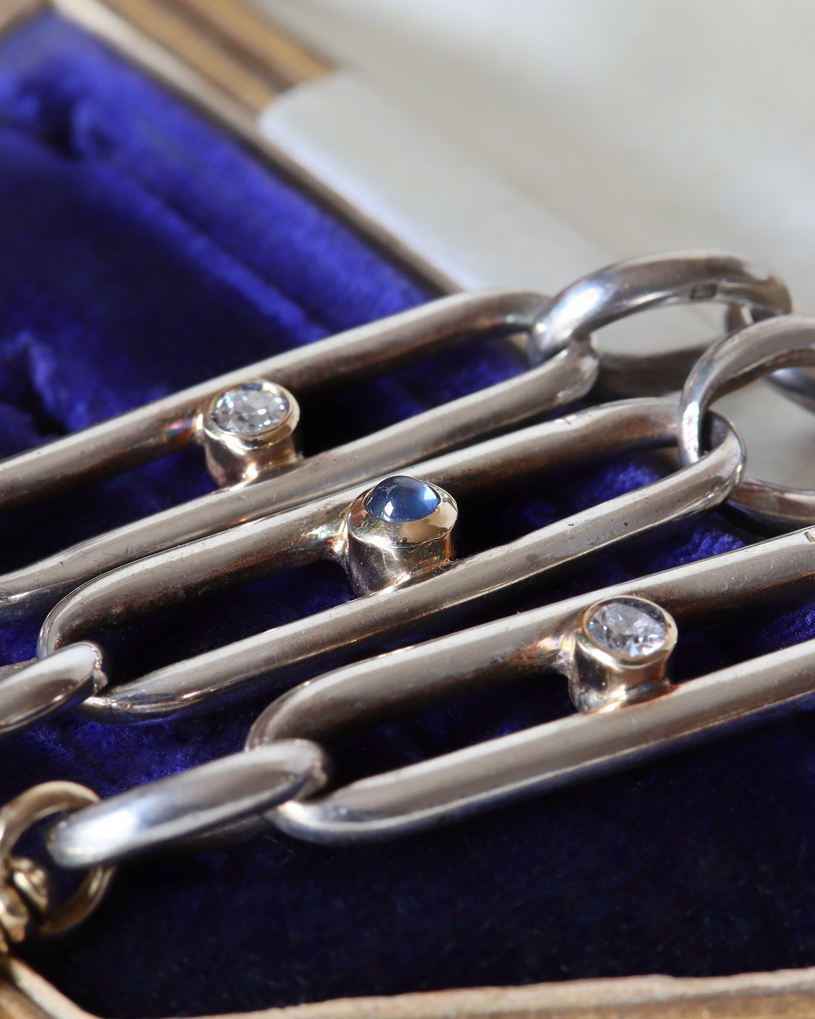 Silver Chain Extender with Sapphire Cabochon & Gold Dog Clip