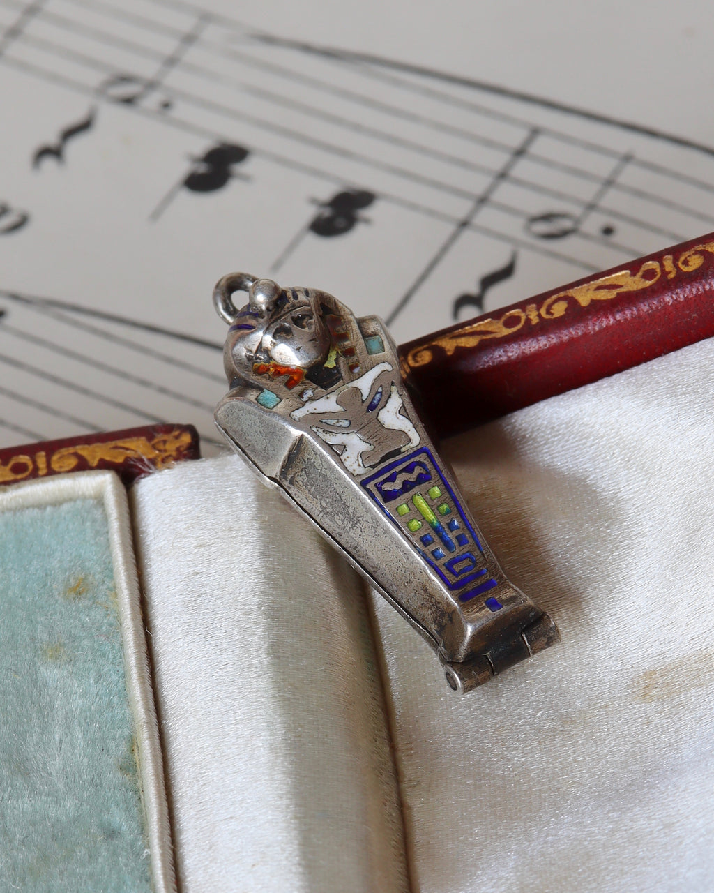 Art Deco Silver & Enamel Sarcophagus Charm with Mummy