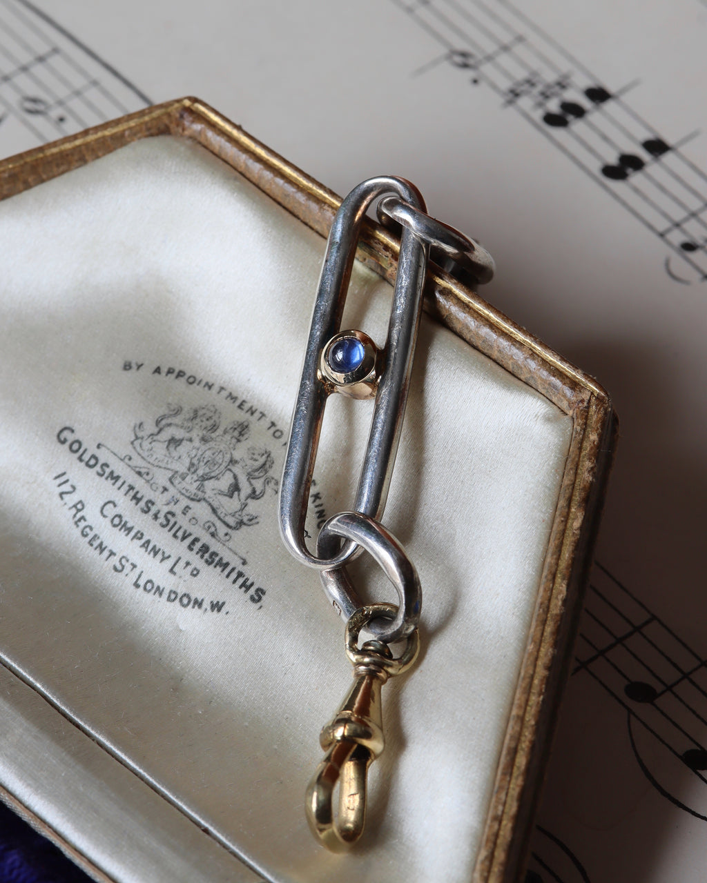 Silver Chain Extender with Sapphire Cabochon & Gold Dog Clip