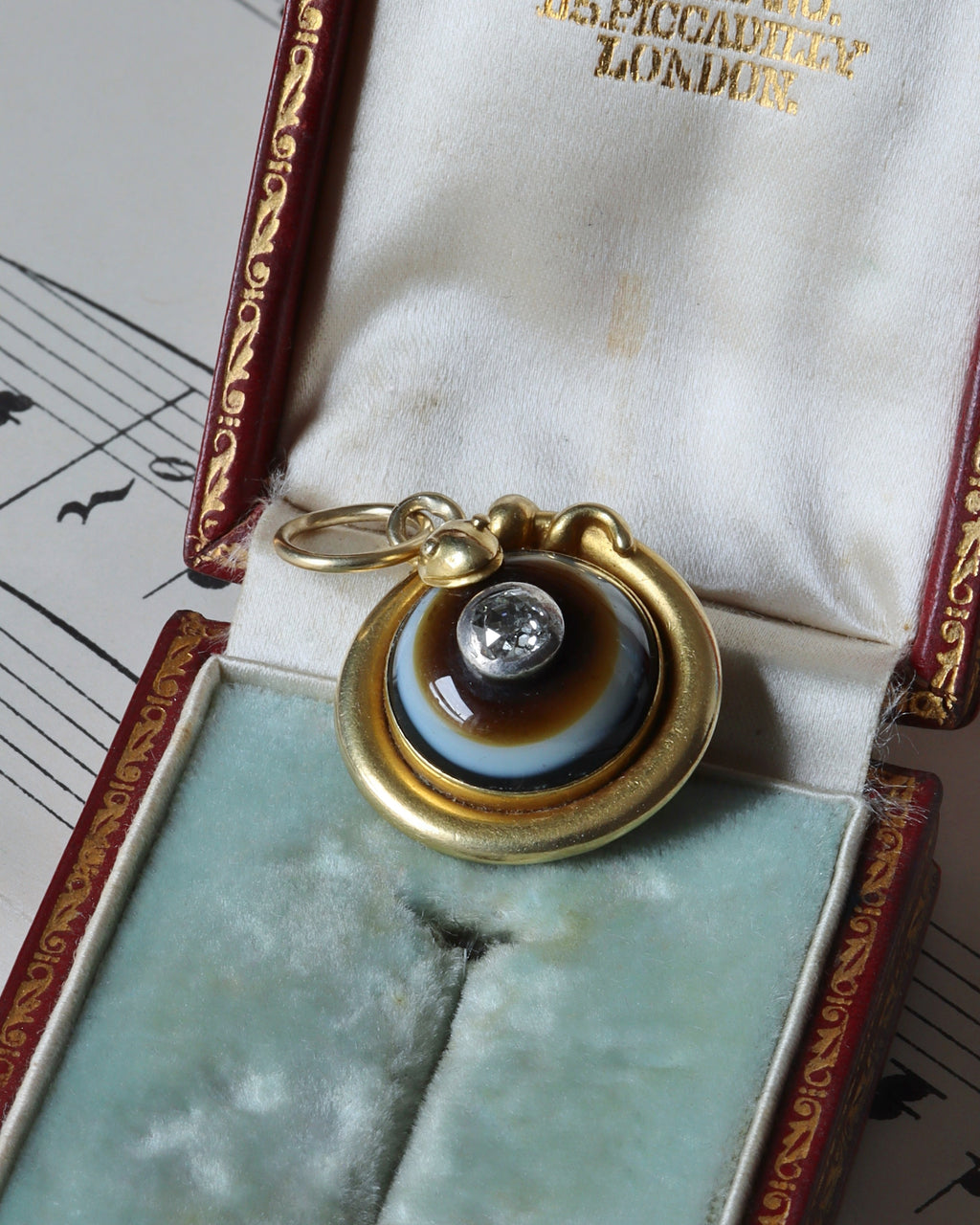 Antique Victorian 15ct Gold Serpent Mourning Pendant with Banded Agate & Diamond