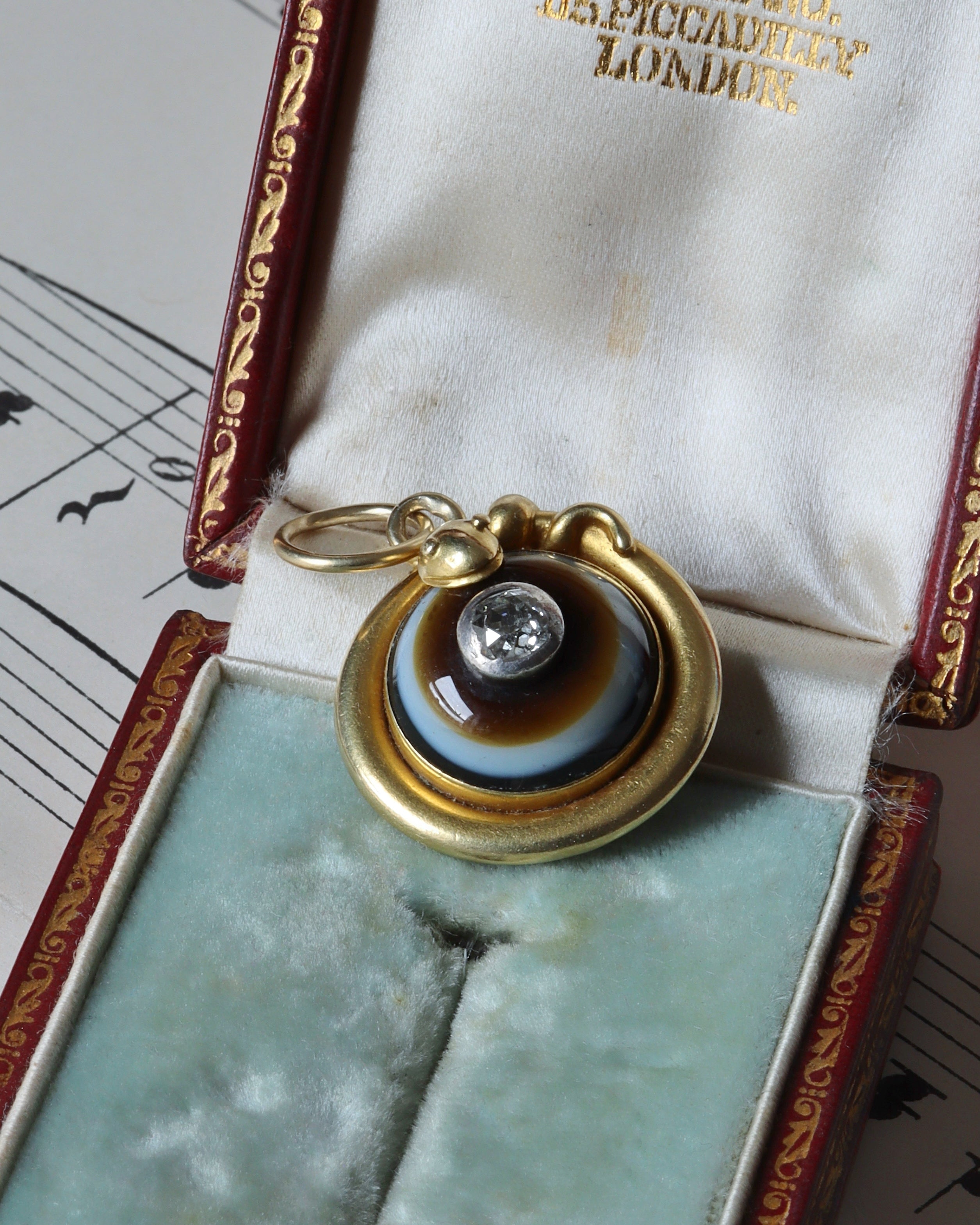 Antique Victorian 15ct Gold Serpent Mourning Pendant with Banded Agate & Diamond