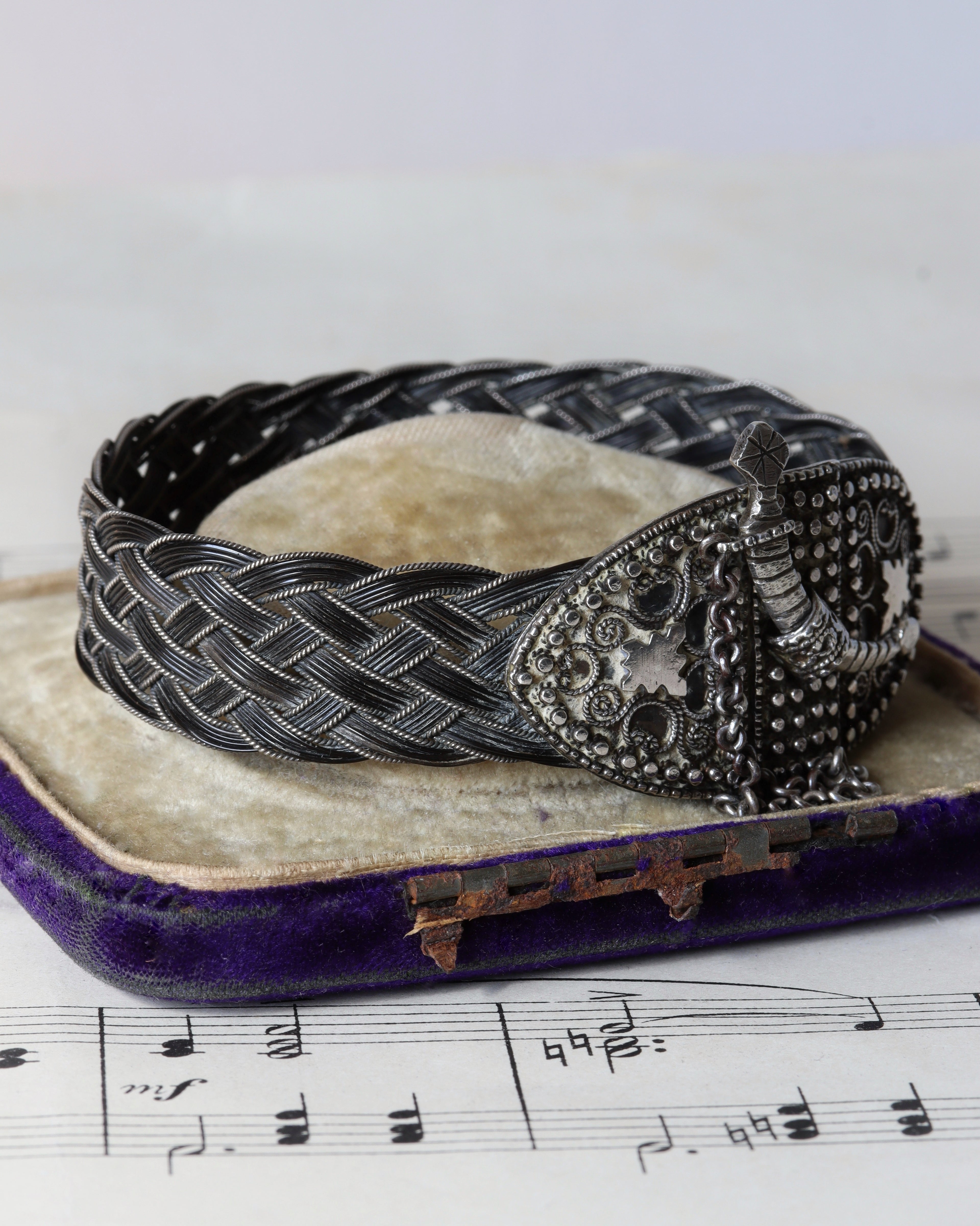 Victorian Raj Era Woven Elephant Hair Silver Sword Bangle