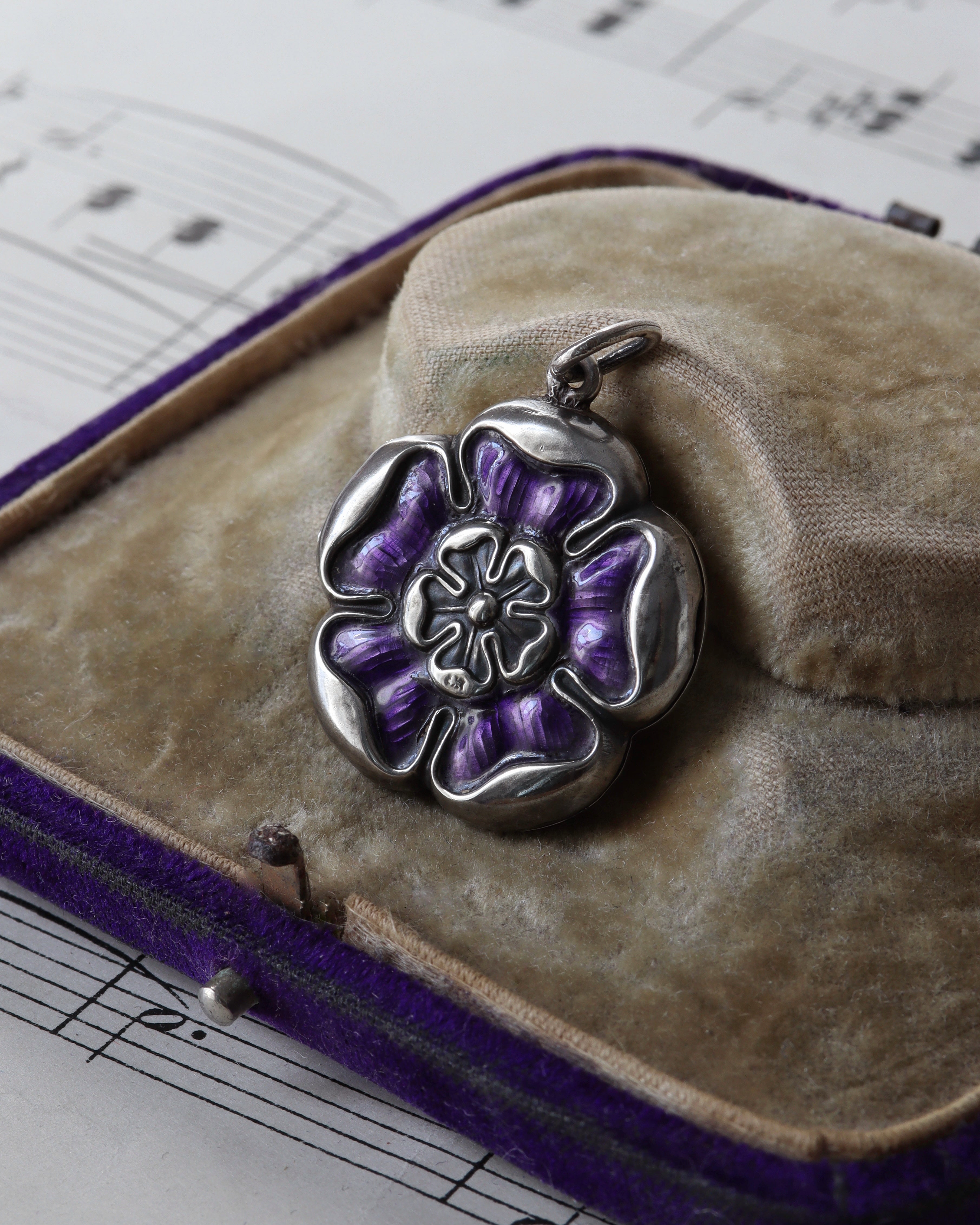 Edwardian Sterling Silver & Purple Enamel Tudor Rose Locket