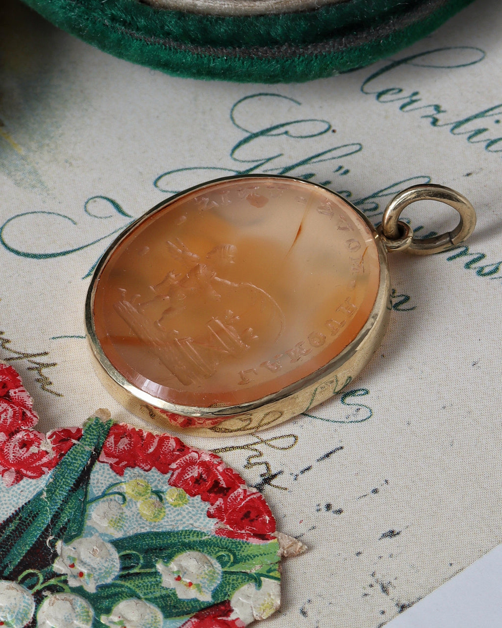 Georgian Engraved Carnelian Cherub Pendant in 14ct Gold