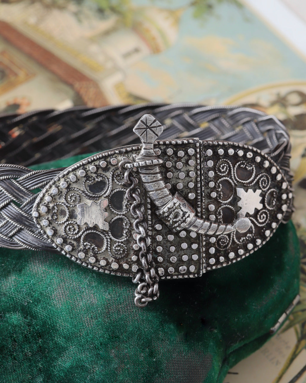 Victorian Raj Era Woven Elephant Hair Silver Sword Bangle