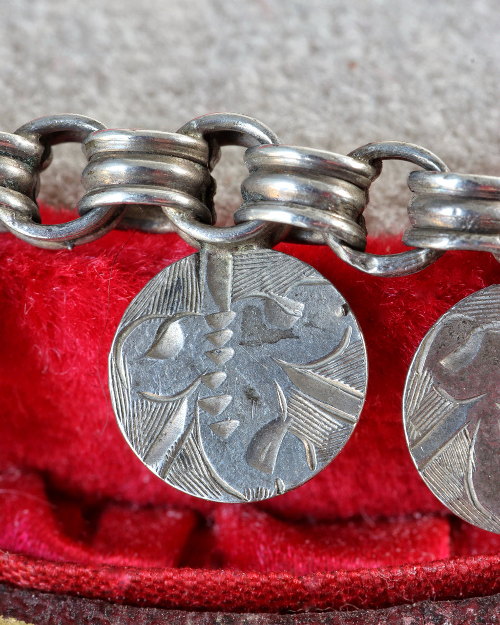 Victorian Fancy Link Watch Chain with T-Bar & Circular Engraved Details