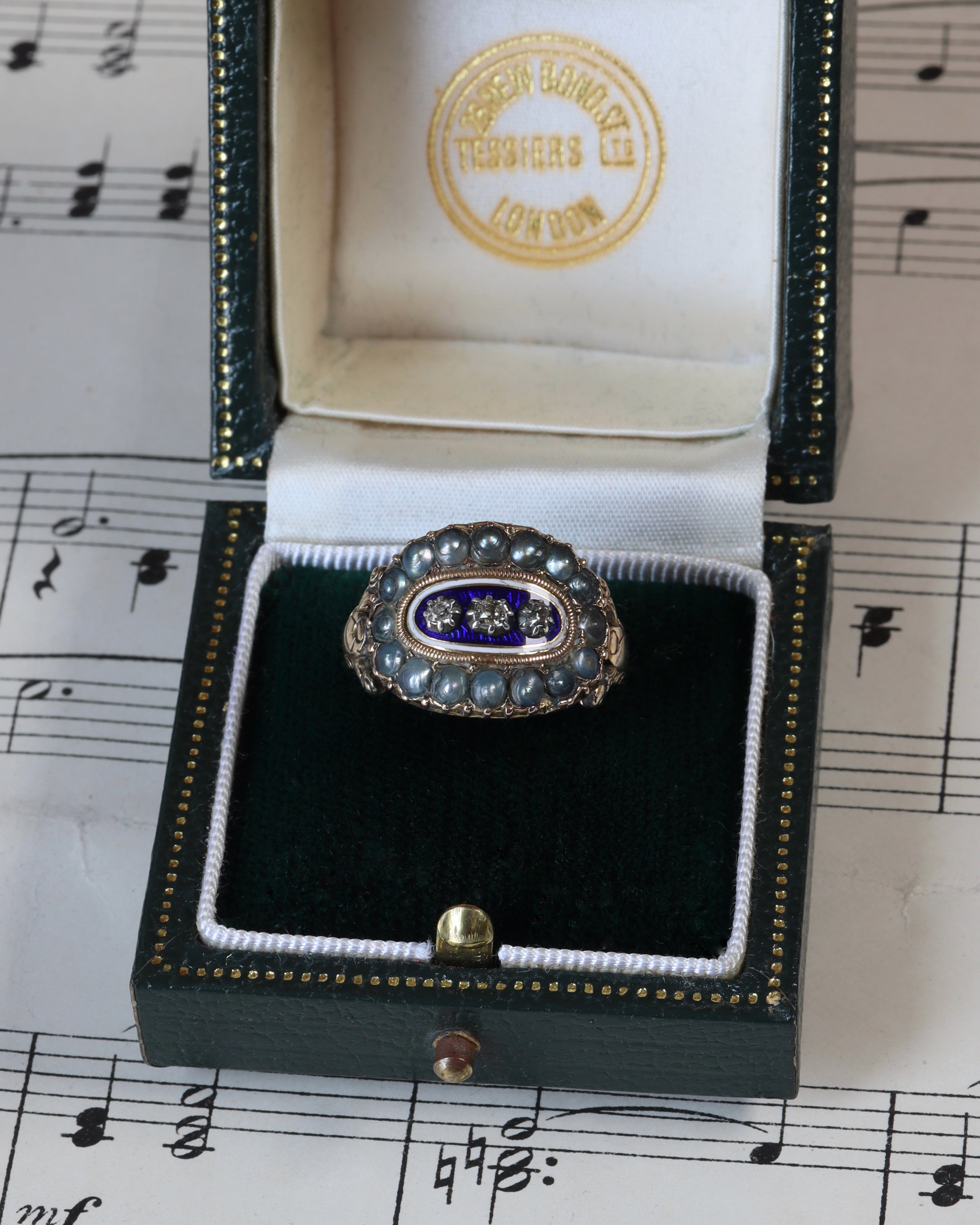 Georgian 15ct Gold 'Bague au Firmament' Pearl, Diamond & Enamel Ring