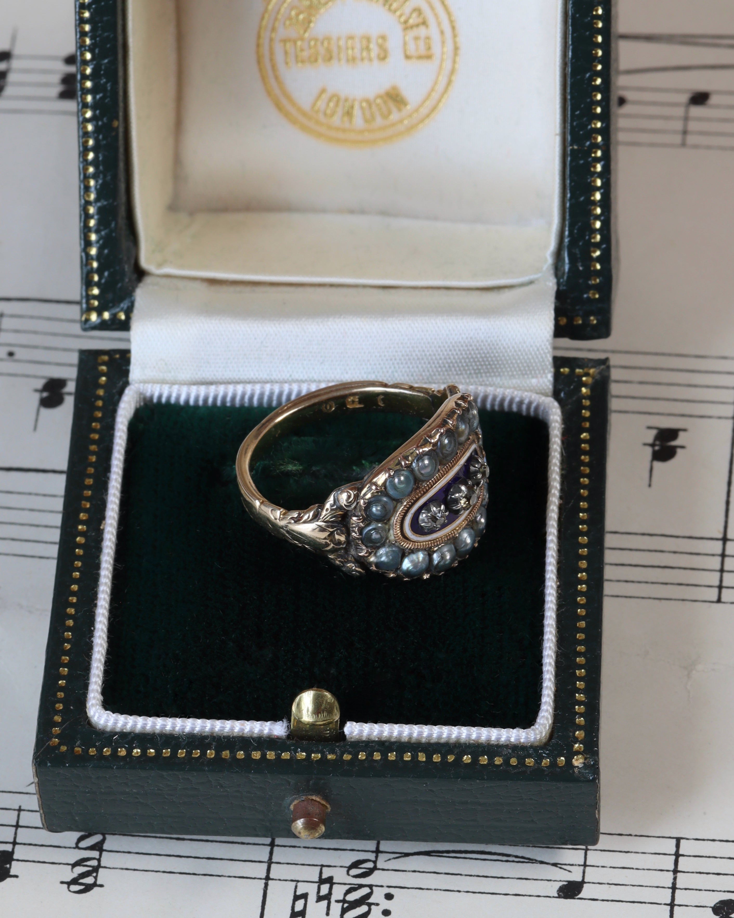 Georgian 15ct Gold 'Bague au Firmament' Pearl, Diamond & Enamel Ring