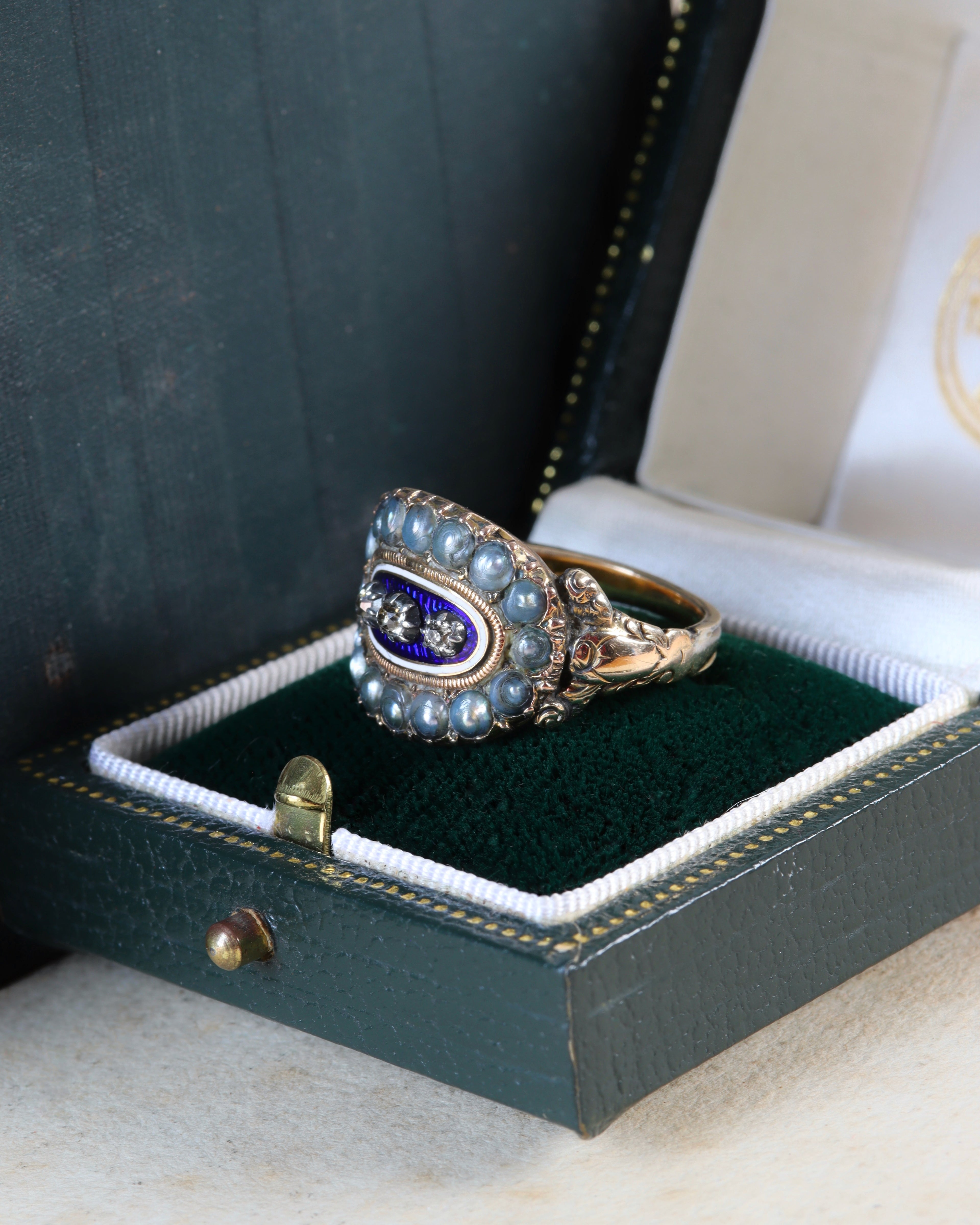 Georgian 15ct Gold 'Bague au Firmament' Pearl, Diamond & Enamel Ring