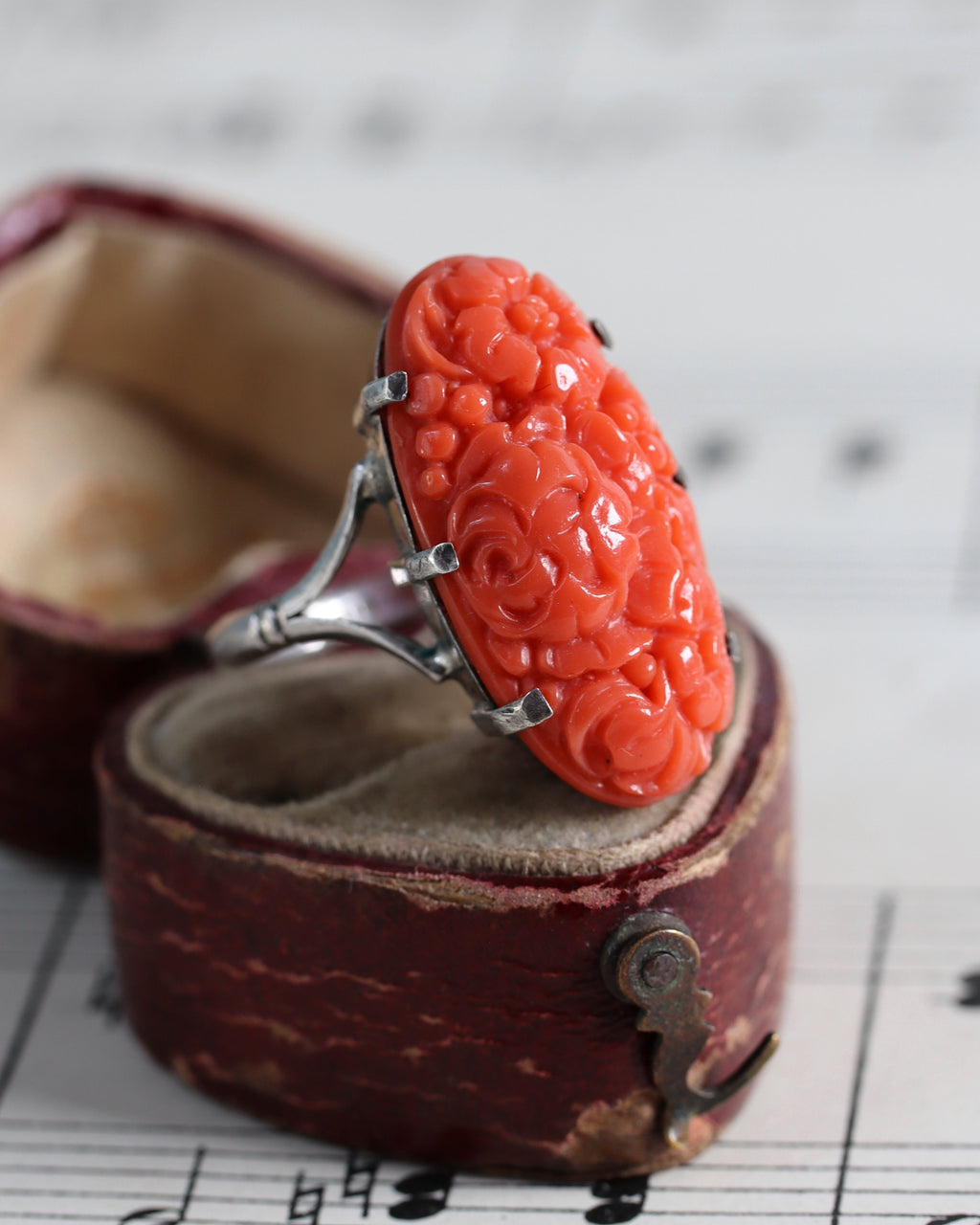 Art Deco Carved Coral Statement Ring in Silver