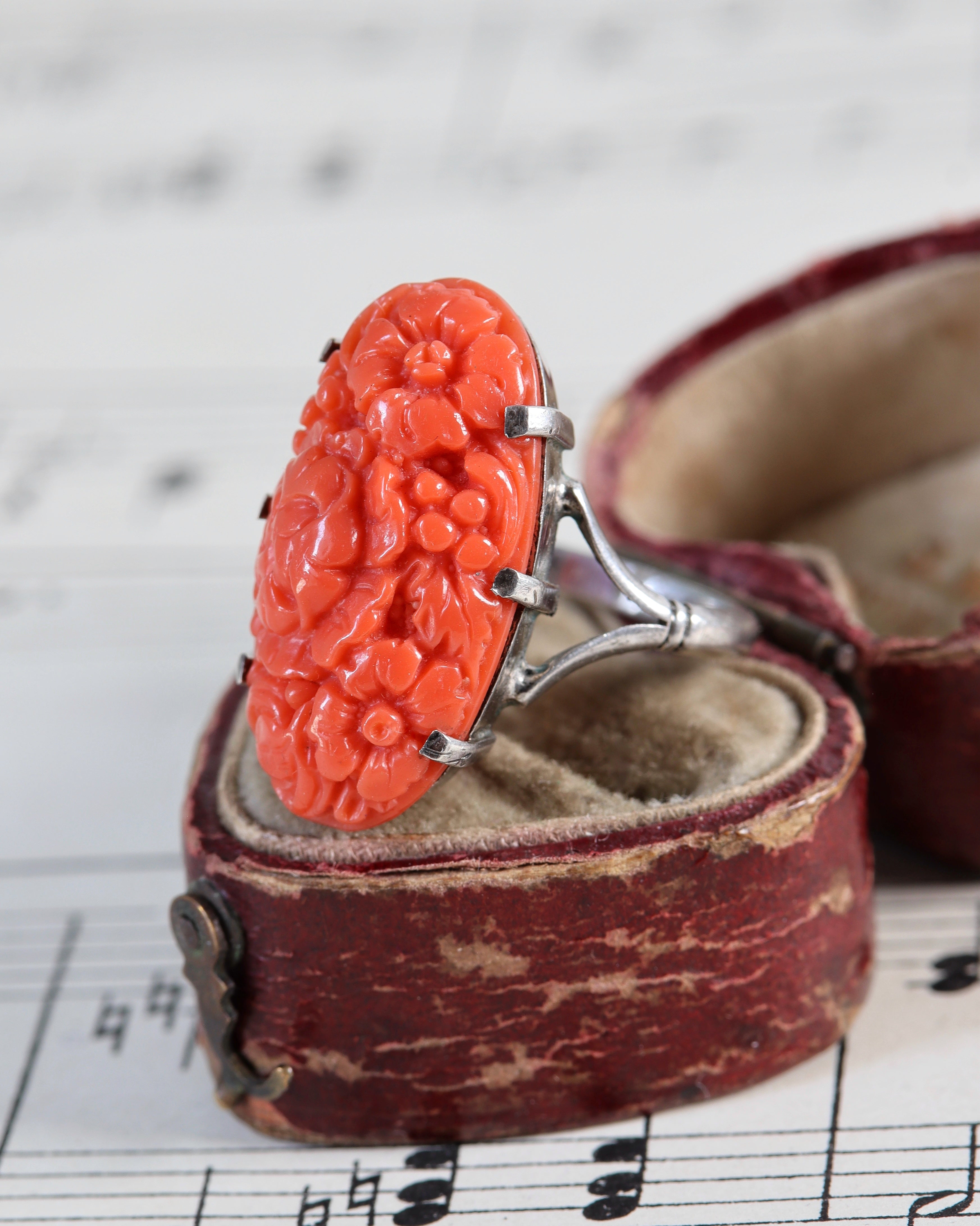 Art Deco Carved Coral Statement Ring in Silver