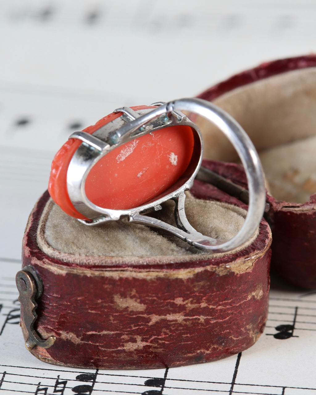 Art Deco Carved Coral Statement Ring in Silver