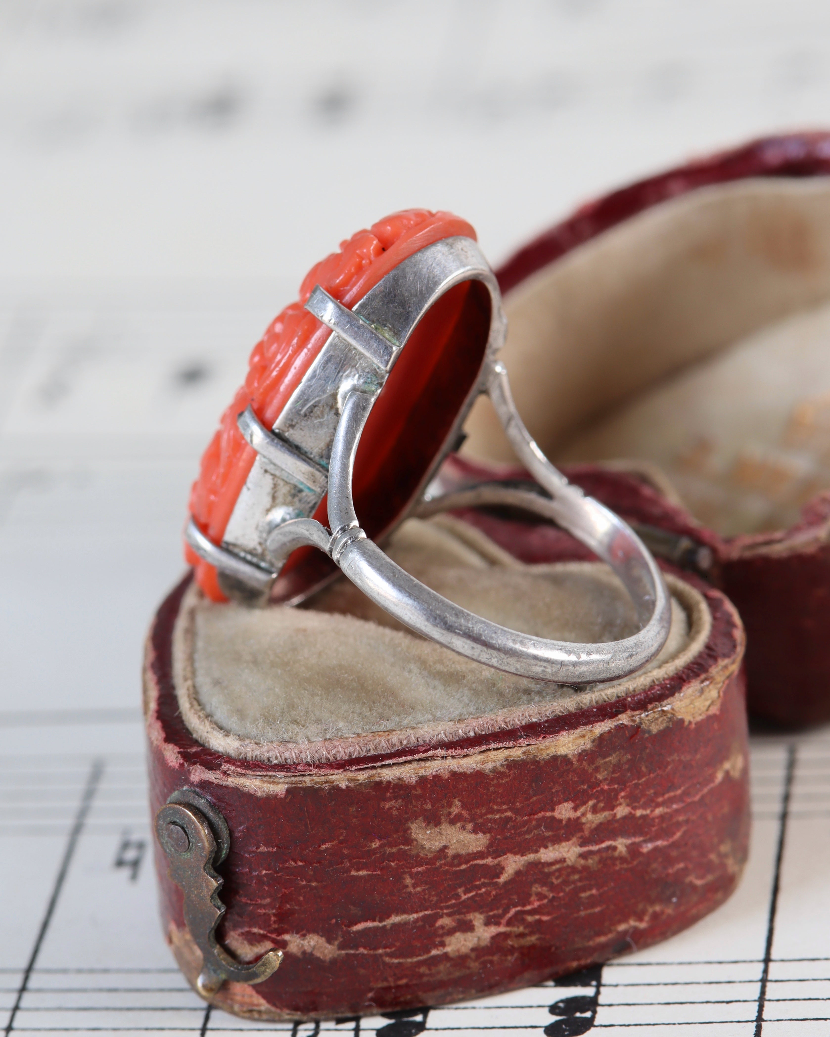 Art Deco Carved Coral Statement Ring in Silver