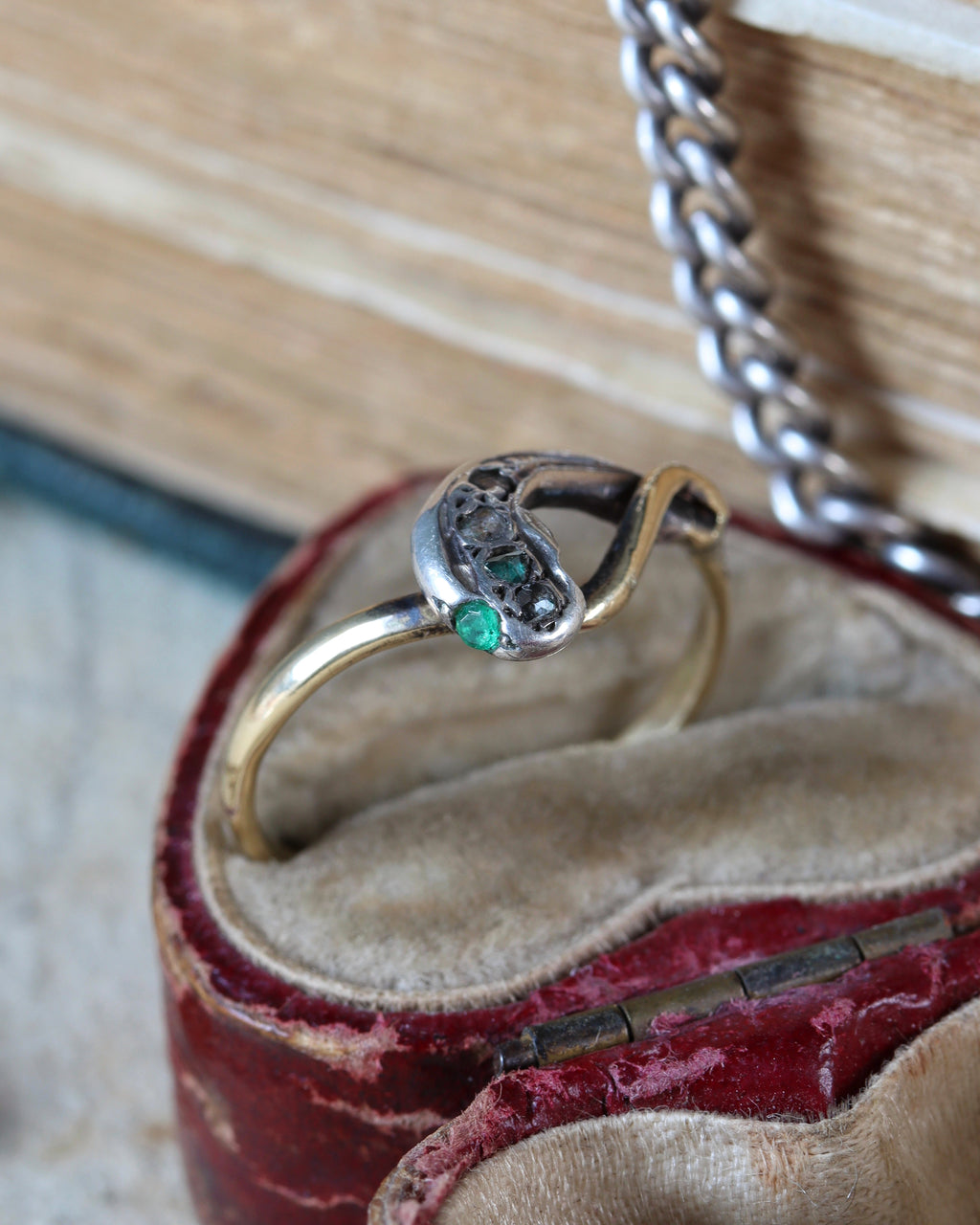Victorian Snake Ring with Diamond Head & Emerald Eyes