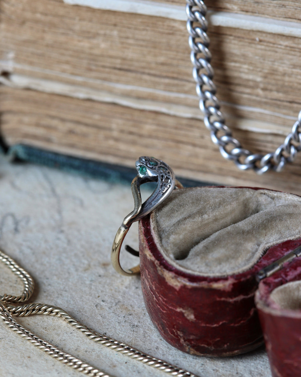 Victorian Snake Ring with Diamond Head & Emerald Eyes