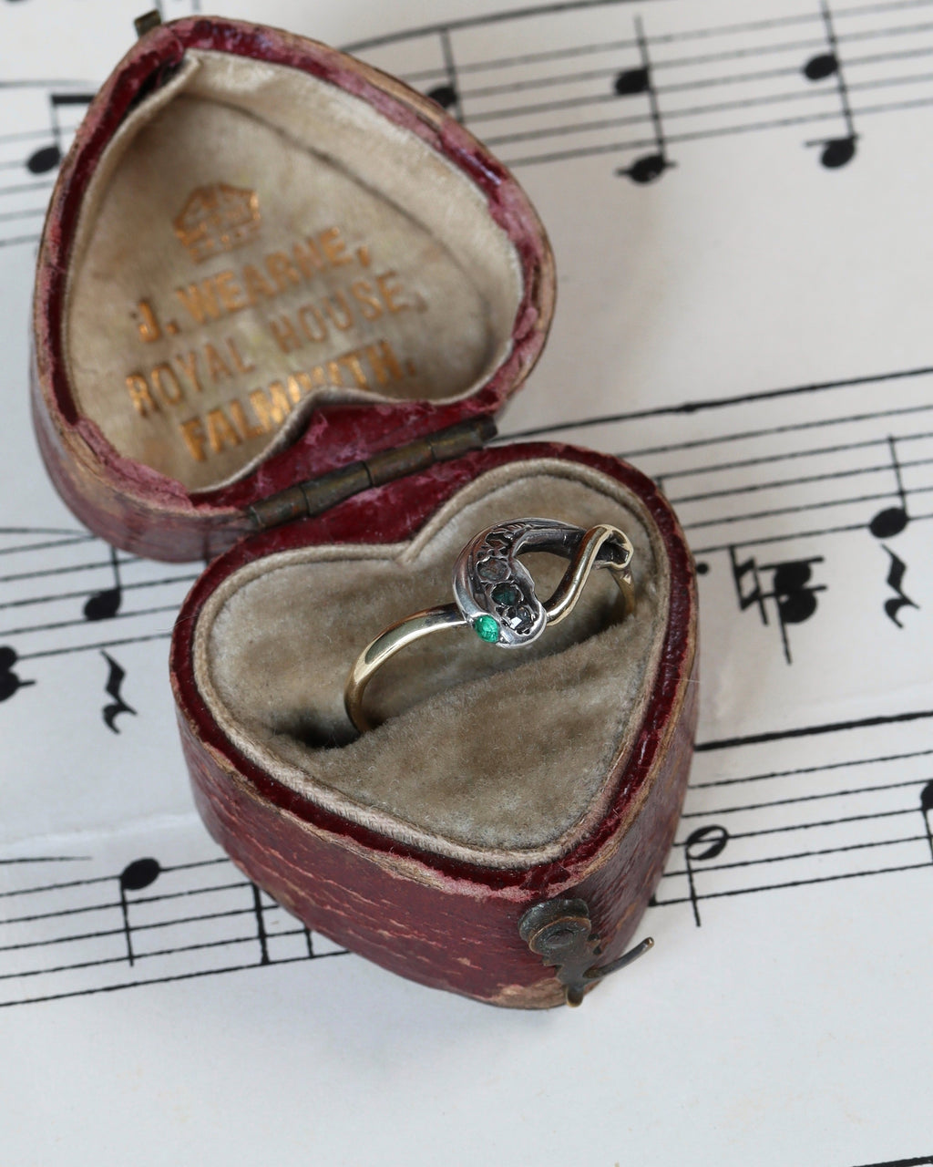 Victorian Snake Ring with Diamond Head & Emerald Eyes