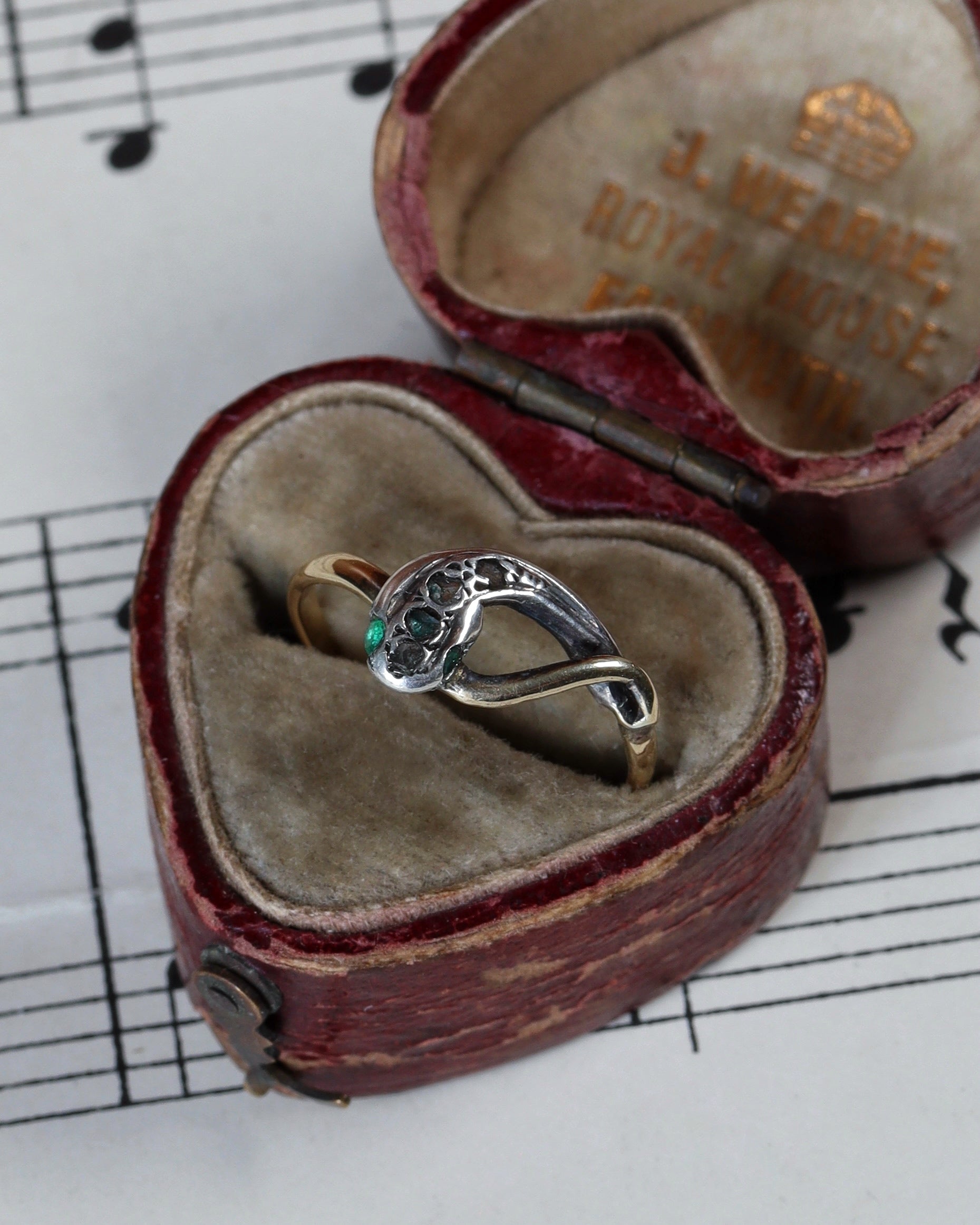 Victorian Snake Ring with Diamond Head & Emerald Eyes