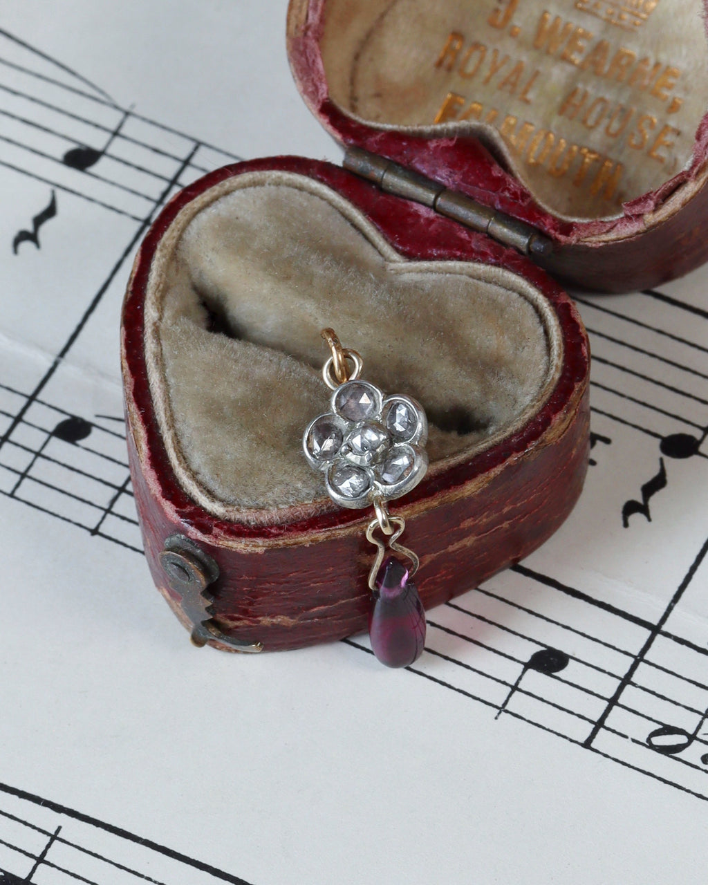 Converted Rose Cut Diamond Flower Charm with Garnet Drop