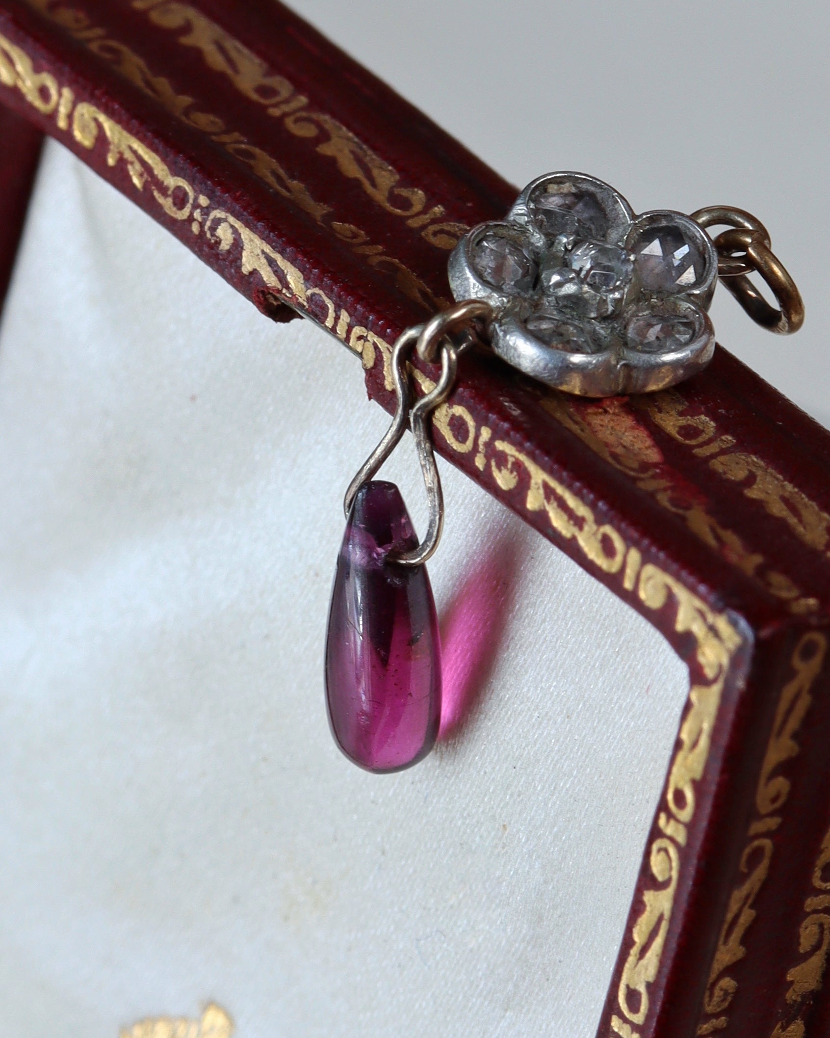 Converted Rose Cut Diamond Flower Charm with Garnet Drop