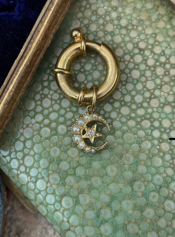Tiny 15ct Gold Crescent Charm with Diamond & Seed Pearl - Image 3