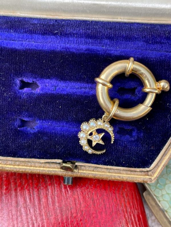 Tiny 15ct Gold Crescent Charm with Diamond & Seed Pearl - Image 5