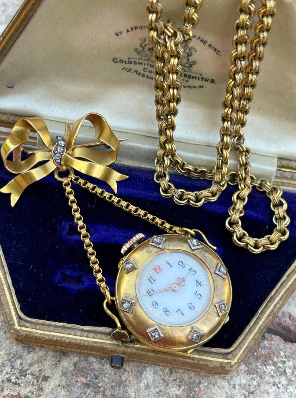 Antique Swiss 14ct Gold & Rose Cut Diamond Pendant Watch
