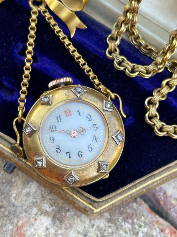 Antique Swiss 14ct Gold & Rose Cut Diamond Pendant Watch - Image 2
