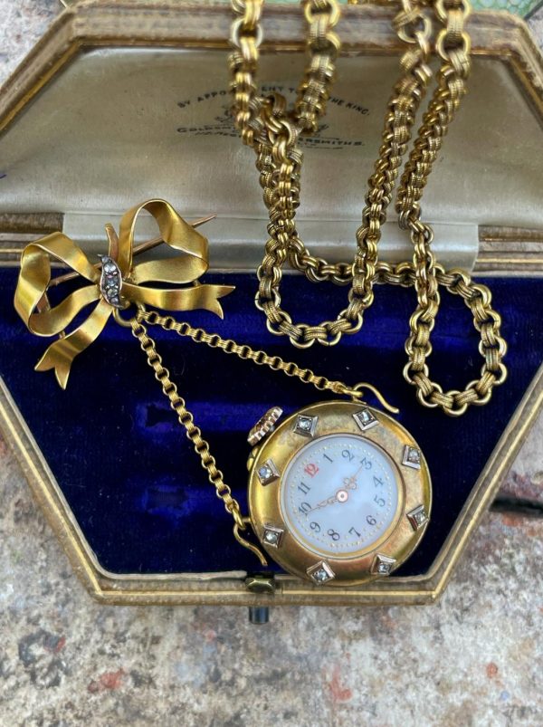 Antique Swiss 14ct Gold & Rose Cut Diamond Pendant Watch - Image 5