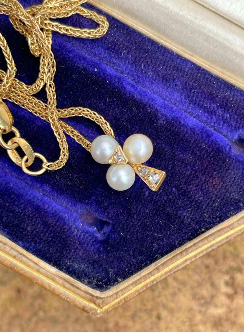 Tiny Clover Charm with Pearls and Rose Cut Diamonds