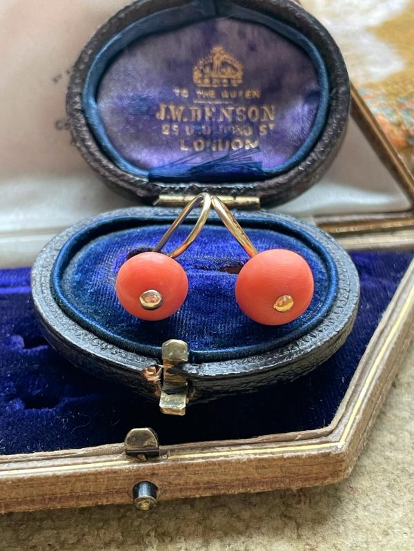 Antique Victorian 18ct Gold Coral Orb Earrings - Image 4