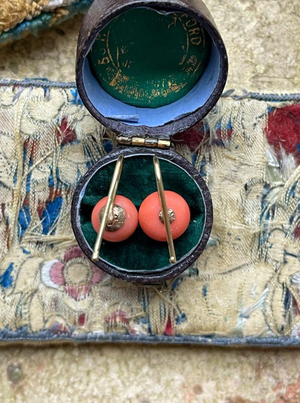 Antique Victorian 18ct Gold Coral Orb Earrings - Image 3